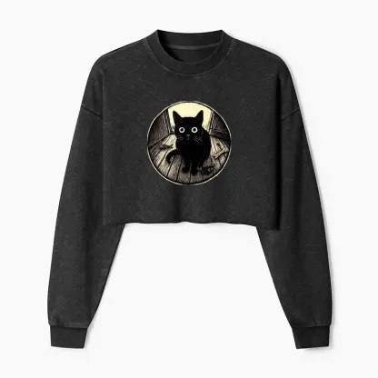Tokyo-Tiger Waiting Black Cat Washed Crop Sweatshirt