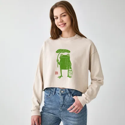 Tokyo-Tiger Frogs Taking Shelter From The Rain Washed Crop Sweatshirt