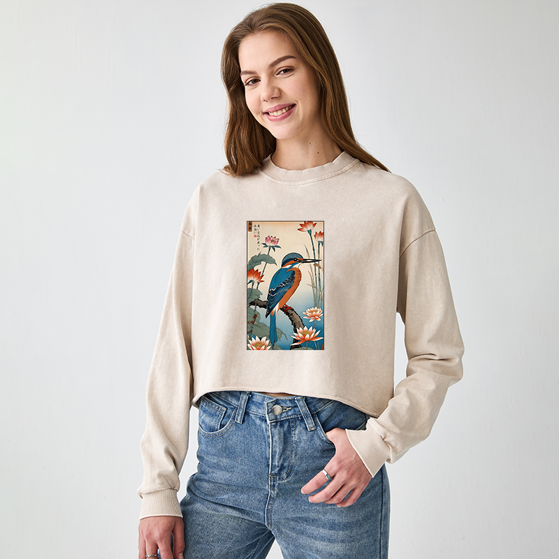 Tokyo-Tiger Ukiyo-e Kingfisher Washed Crop Sweatshirt