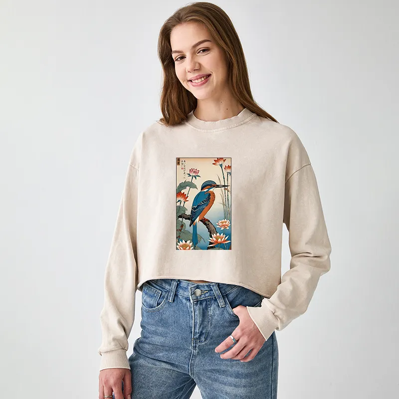 Tokyo-Tiger Ukiyo-e Kingfisher Washed Crop Sweatshirt