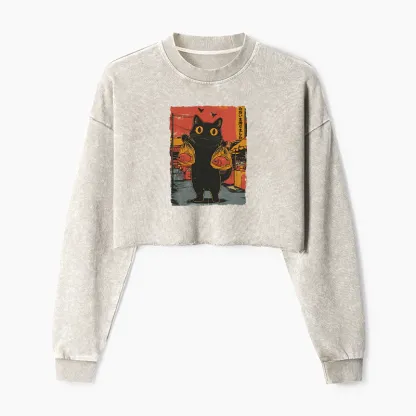 Tokyo-Tiger Cat Fishing Japanese Washed Crop Sweatshirt