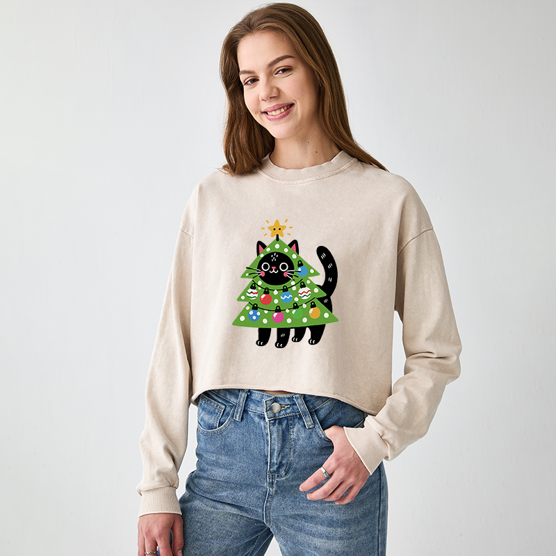 Tokyo-Tiger Christmas Tree Cat Washed Crop Sweatshirt