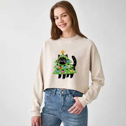 Tokyo-Tiger Christmas Tree Cat Washed Crop Sweatshirt