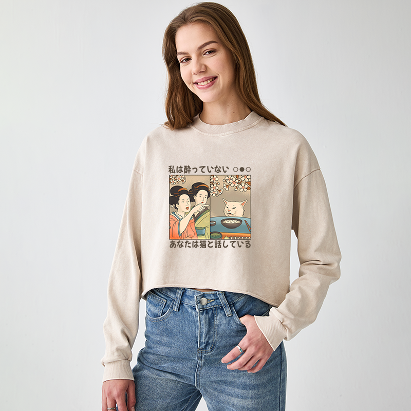 Tokyo-Tiger Japanese Woman Shouting at a Cat Washed Crop Sweatshirt
