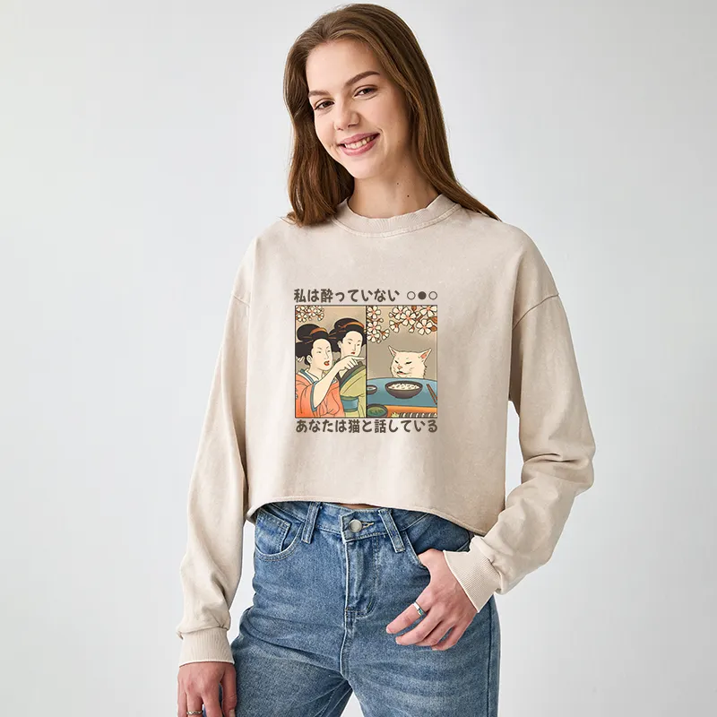 Tokyo-Tiger Japanese Woman Shouting at a Cat Washed Crop Sweatshirt