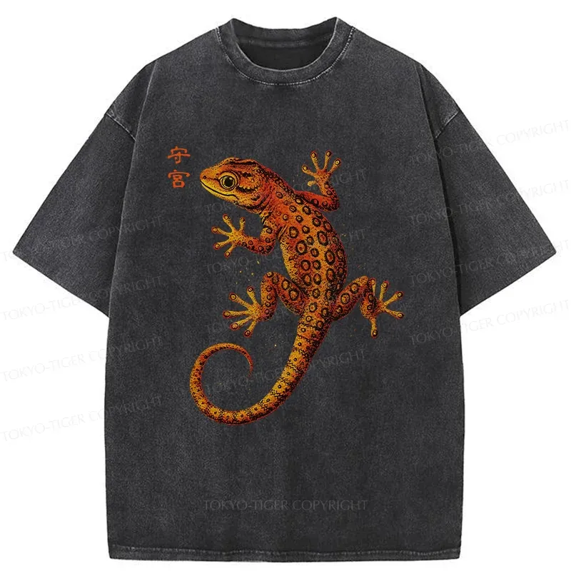 Tokyo-Tiger Retro Gecko Funny Washed T-Shirt