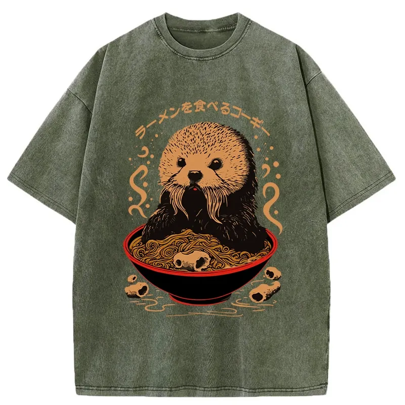 Tokyo-Tiger Otter Eating Ramen Washed T-Shirt