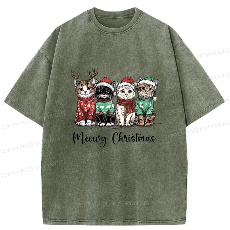 Tokyo-Tiger Four Kittens Christmas Washed T-Shirt Sale