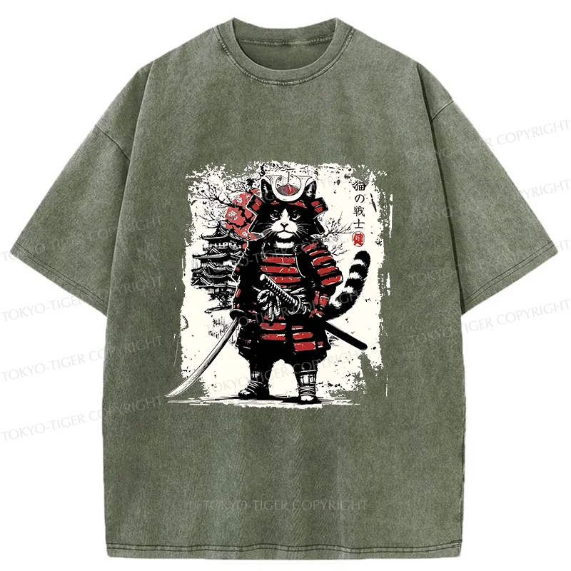 Tokyo-Tiger Retro Cat Japanese Samurai Washed T-Shirt