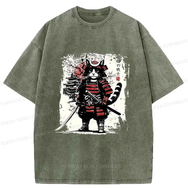 Tokyo-Tiger Retro Cat Japanese Samurai Washed T-Shirt