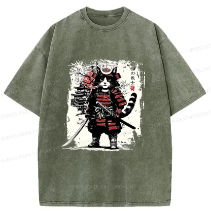 Tokyo-Tiger Retro Cat Japanese Samurai Washed T-Shirt