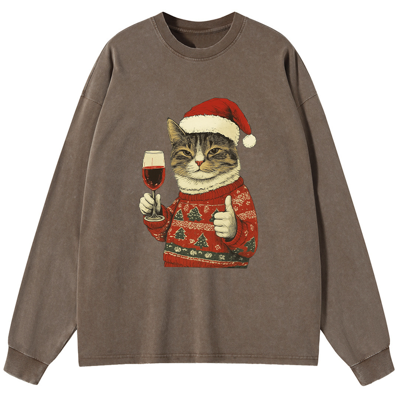 Tokyo-Tiger Christmas Cat Likes Washed Long Sleeve T-Shirt