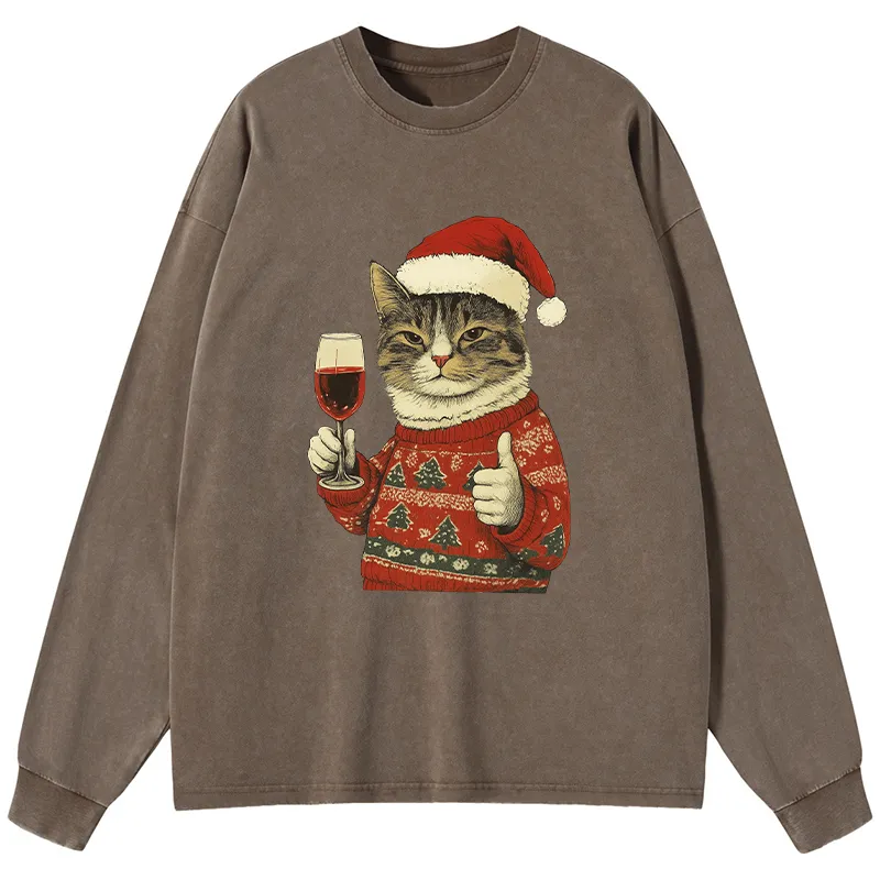 Tokyo-Tiger Christmas Cat Likes Washed Long Sleeve T-Shirt