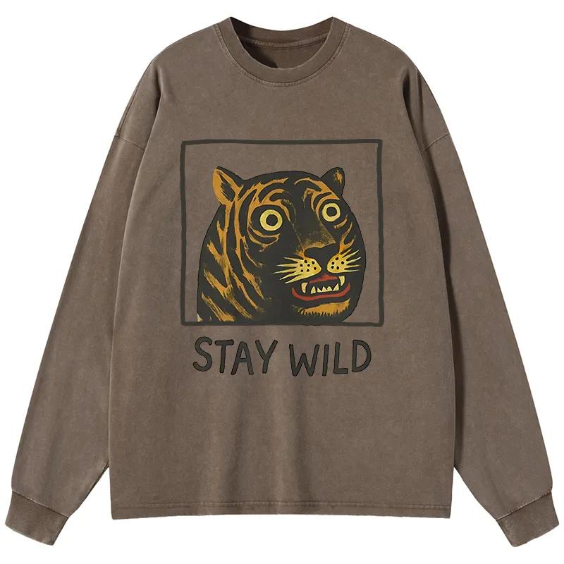 Tokyo-Tiger Silly And Cute Tiger Washed Long Sleeve T-Shirt
