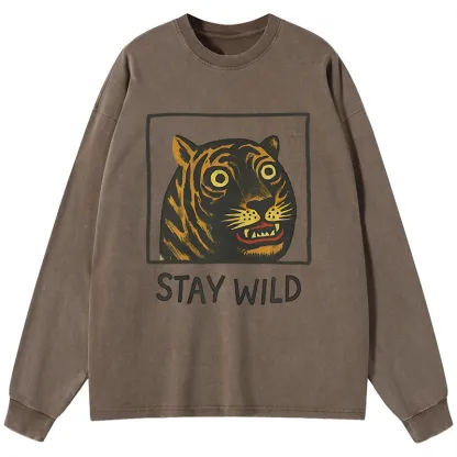 Tokyo-Tiger Silly And Cute Tiger Washed Long Sleeve T-Shirt