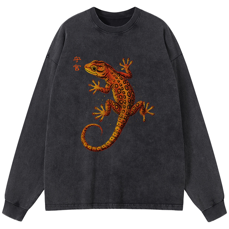 Tokyo-Tiger Retro Gecko Funny Washed Long Sleeve T-Shirt