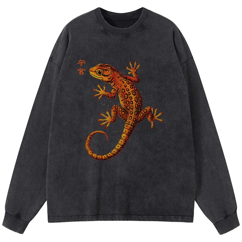 Tokyo-Tiger Retro Gecko Funny Washed Long Sleeve T-Shirt