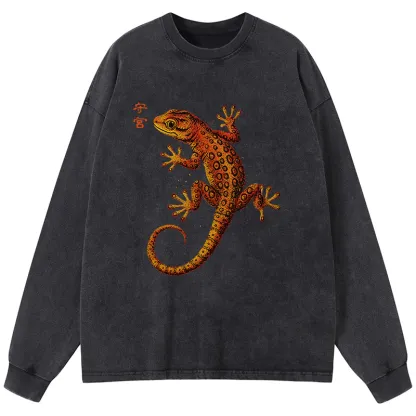 Tokyo-Tiger Retro Gecko Funny Washed Long Sleeve T-Shirt