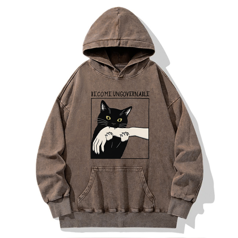 Tokyo-Tiger Black Cat Biting Washed Hoodie