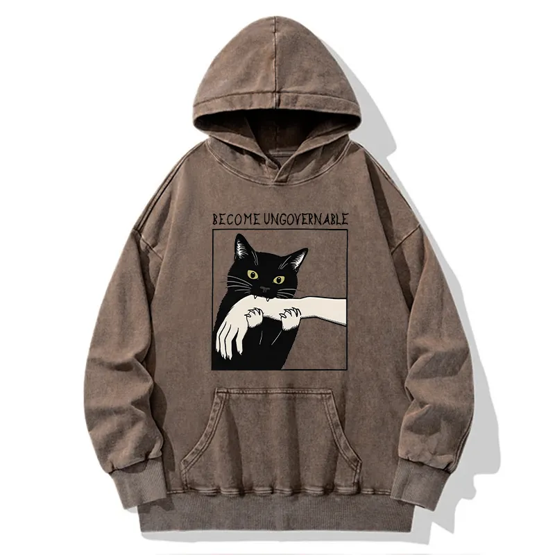 Tokyo-Tiger Black Cat Biting Washed Hoodie