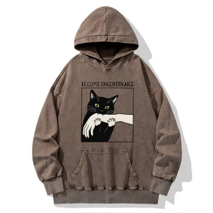 Tokyo-Tiger Black Cat Biting Washed Hoodie