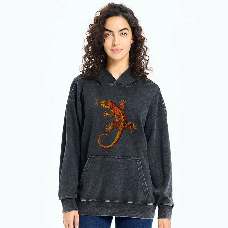 Tokyo-Tiger Retro Gecko Funny Washed Hoodie