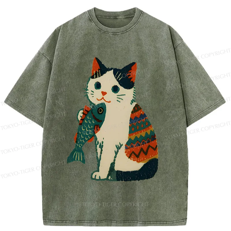 Tokyo-Tiger Retro Kitten Catching Fish Washed T-Shirt