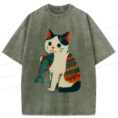Tokyo-Tiger Retro Kitten Catching Fish Washed T-Shirt