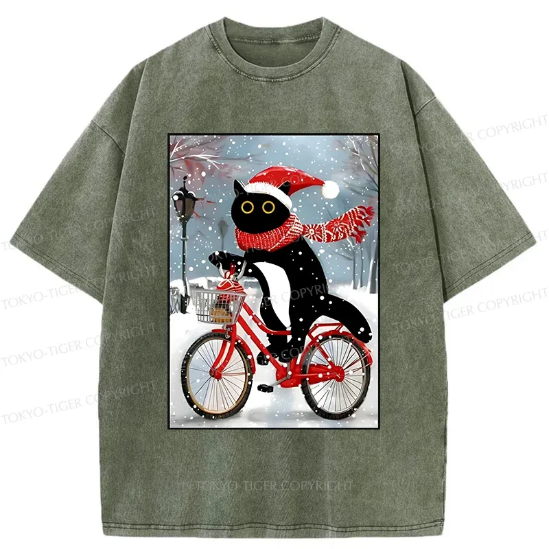 Tokyo-Tiger Black Cat Riding A Bicycle Washed T-Shirt