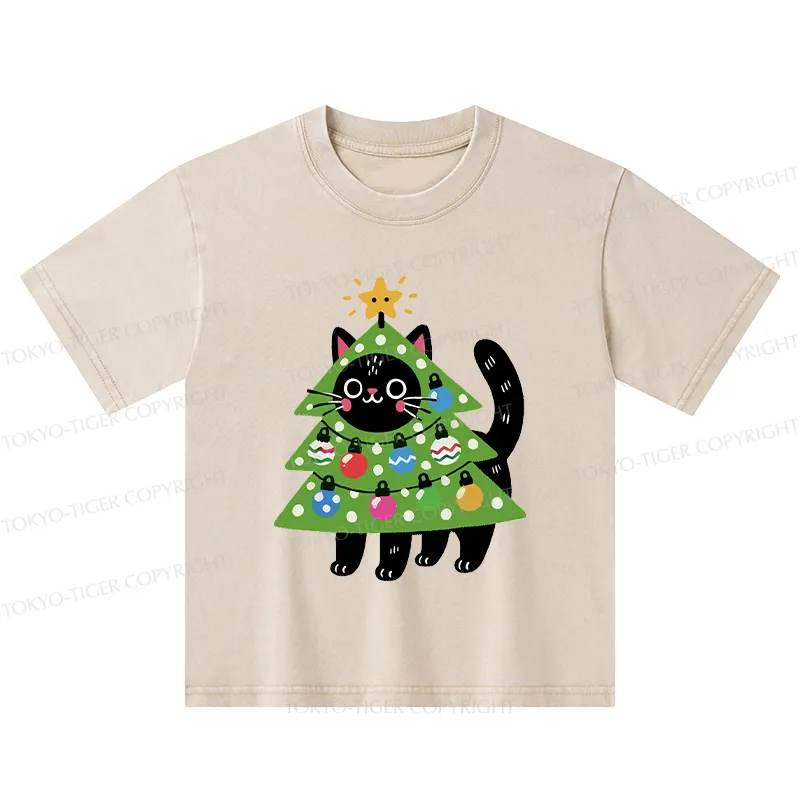 Tokyo-Tiger Christmas Tree Cat Kids Washed T-Shirt