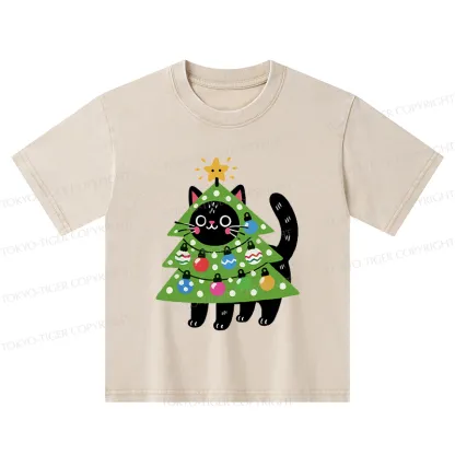 Tokyo-Tiger Christmas Tree Cat Kids Washed T-Shirt