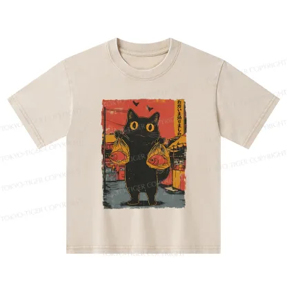 Tokyo-Tiger Cat Fishing Japanese Kids Washed T-Shirt