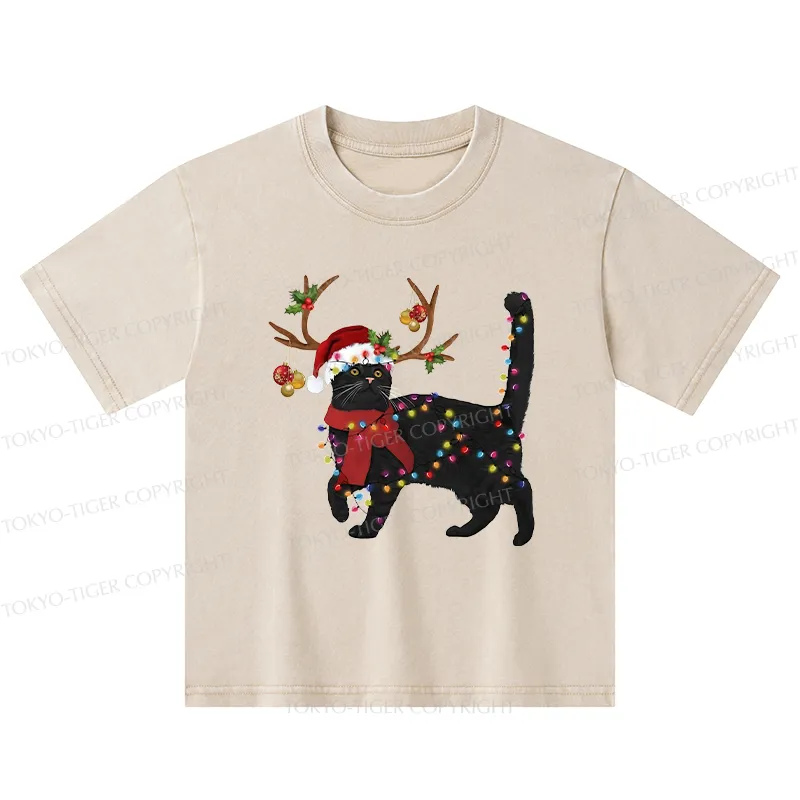 Tokyo-Tiger Christmas Black Cat Kids Washed T-Shirt