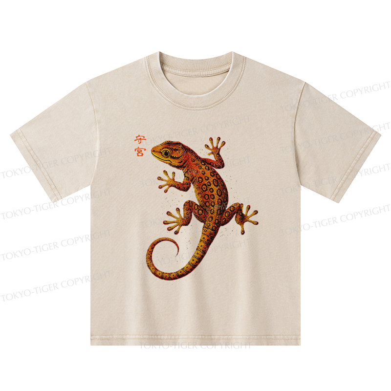 Tokyo-Tiger Retro Gecko Funny Kids Washed T-Shirt