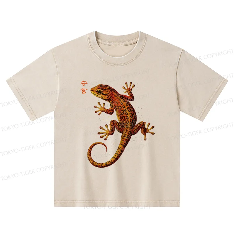Tokyo-Tiger Retro Gecko Funny Kids Washed T-Shirt