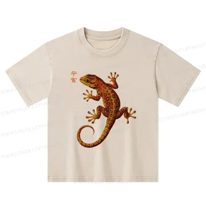 Tokyo-Tiger Retro Gecko Funny Kids Washed T-Shirt
