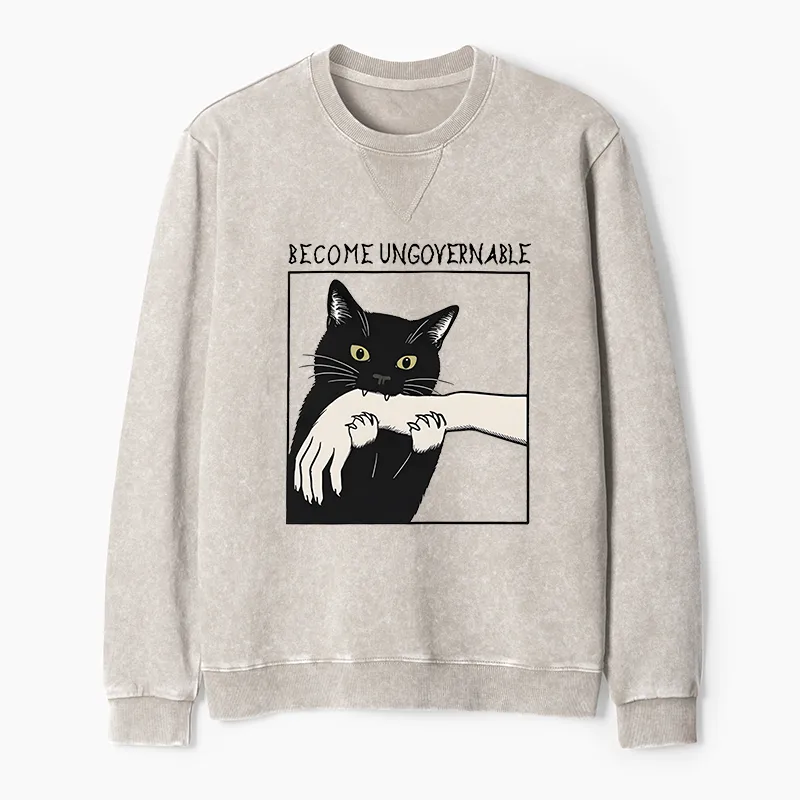 Tokyo-Tiger Black Cat Biting Washed Terry Sweatshirt