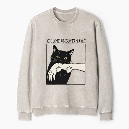 Tokyo-Tiger Black Cat Biting Washed Terry Sweatshirt