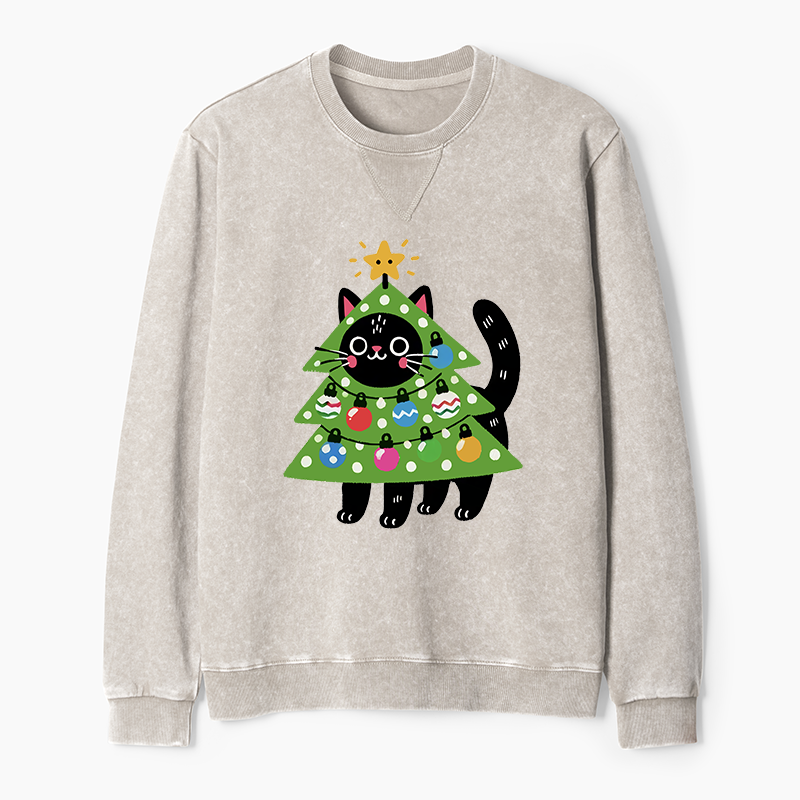 Tokyo-Tiger Christmas Tree Cat Washed Terry Sweatshirt