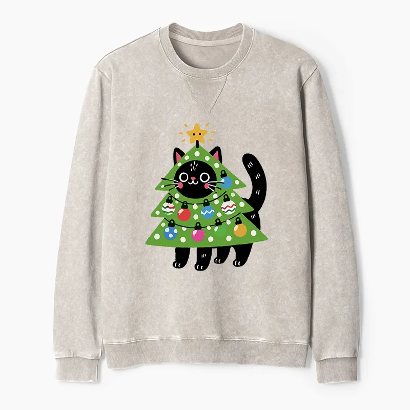 Tokyo-Tiger Christmas Tree Cat Washed Terry Sweatshirt