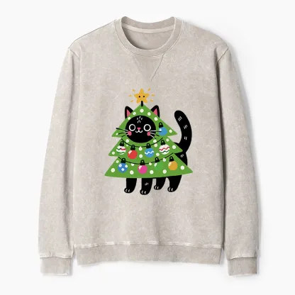 Tokyo-Tiger Christmas Tree Cat Washed Terry Sweatshirt