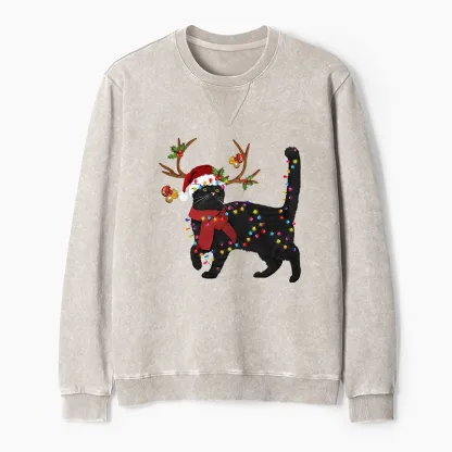 Tokyo-Tiger Christmas Black Cat Washed Terry Sweatshirt