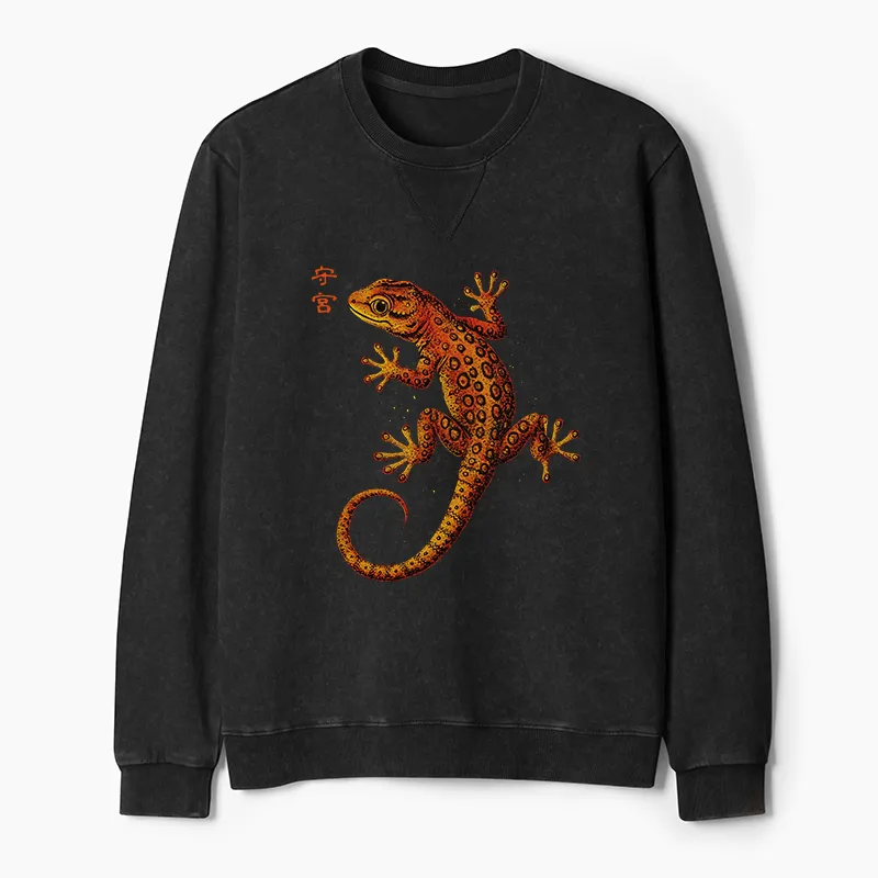 Tokyo-Tiger Retro Gecko Funny Washed Terry Sweatshirt