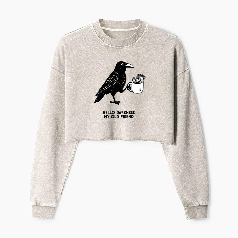 Tokyo-Tiger Crow Drinking Black Coffee Funny Washed Crop Sweatshirt