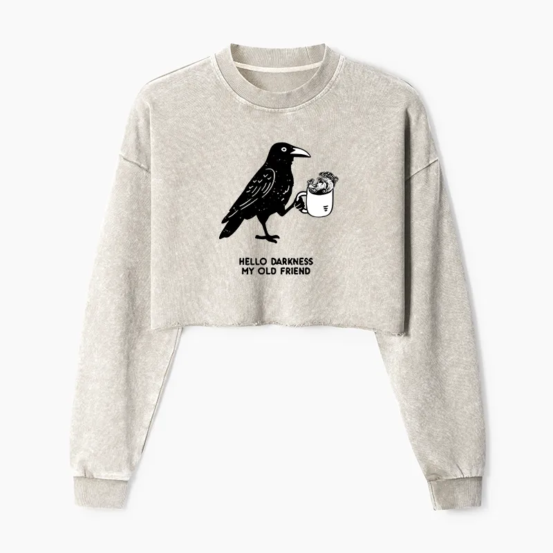 Tokyo-Tiger Crow Drinking Black Coffee Funny Washed Crop Sweatshirt