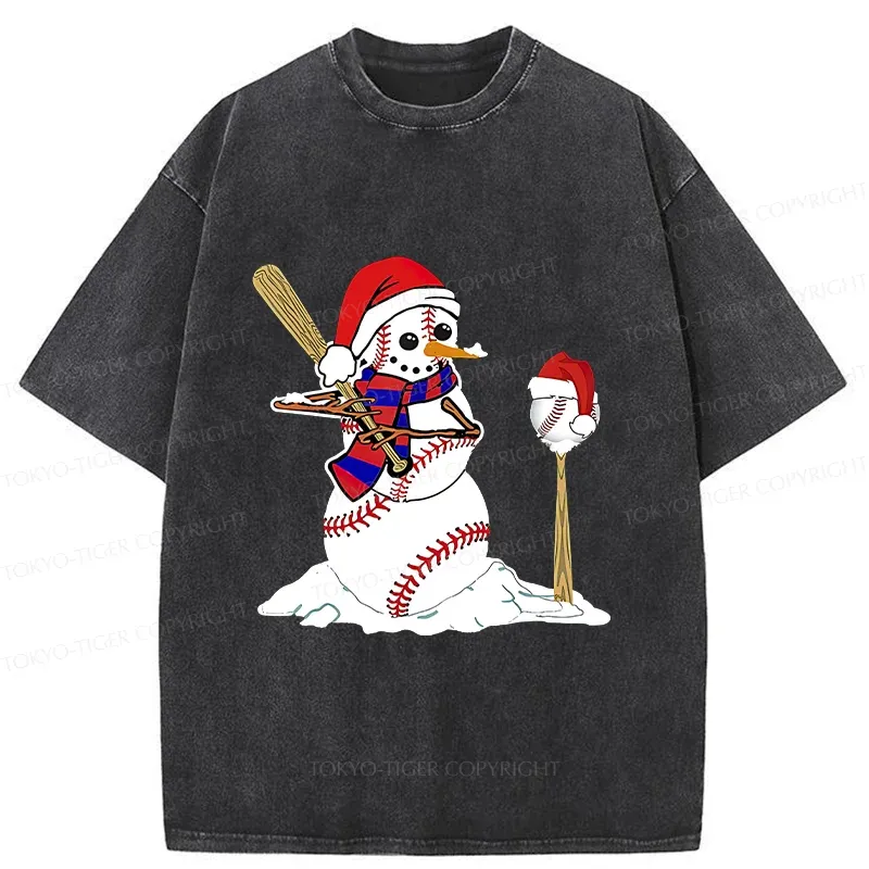 Tokyo-Tiger Snowman Playing Baseball Washed T-Shirt