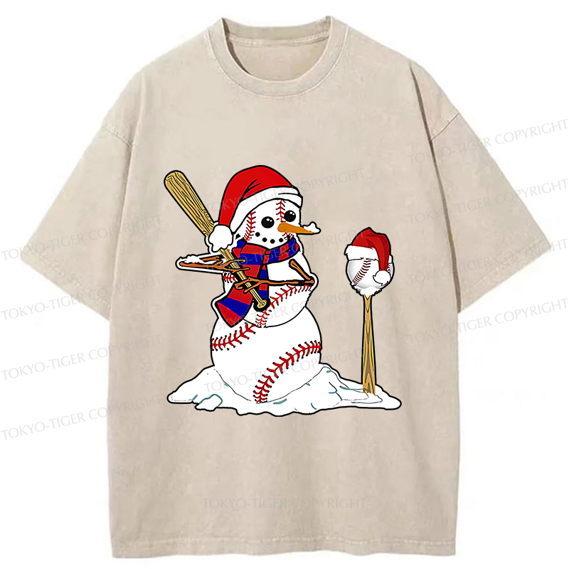 Tokyo-Tiger Snowman Playing Baseball Washed T-Shirt