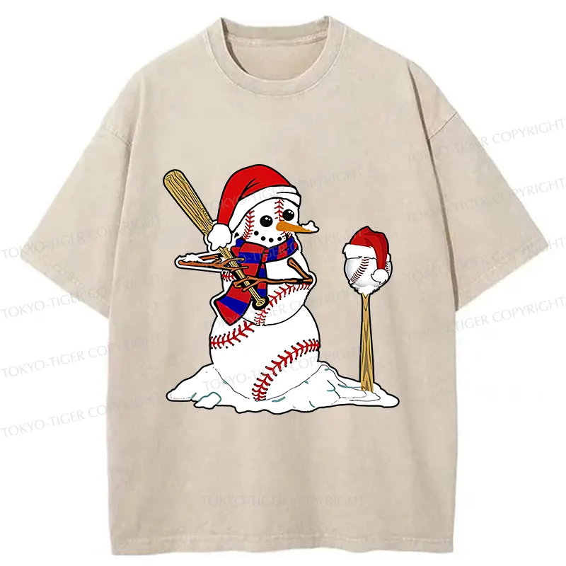 Tokyo-Tiger Snowman Playing Baseball Washed T-Shirt