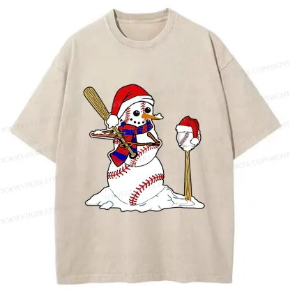 Tokyo-Tiger Snowman Playing Baseball Washed T-Shirt
