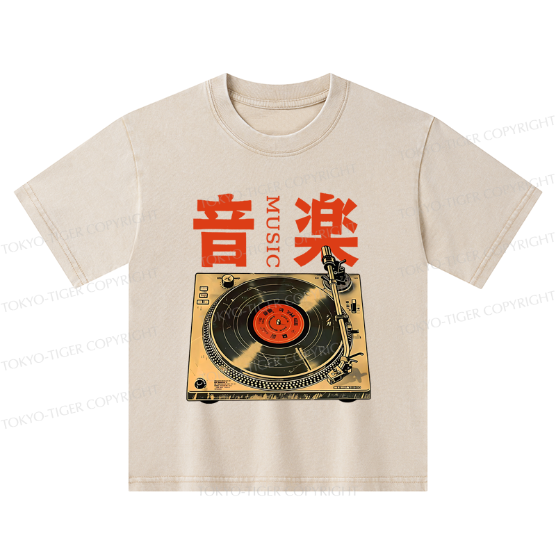 Tokyo-Tiger Retro Music Record Player Kids Washed T-Shirt